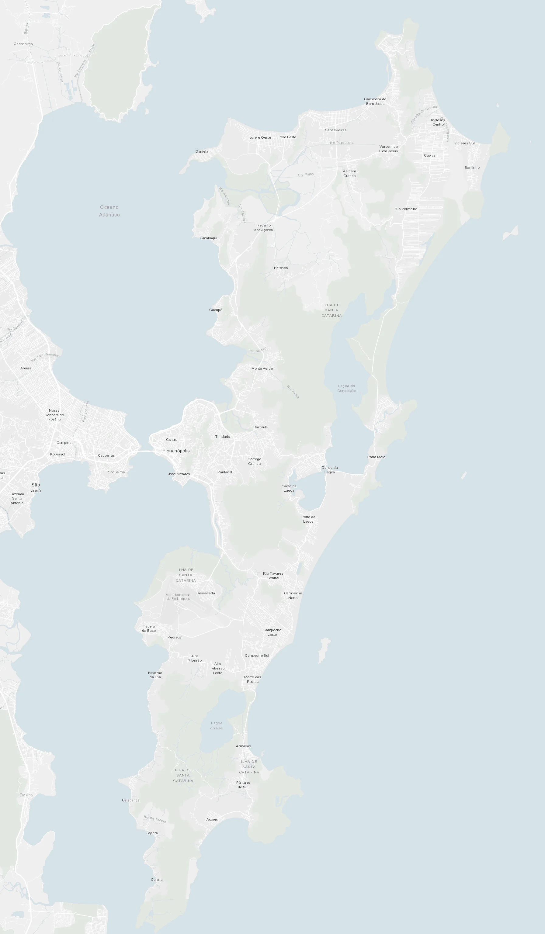 Mapa da Ilha de Santa Catarina e do Estreito, no continente, com as 22 feiras marcadas por pins numerados e coloridos por tipo.